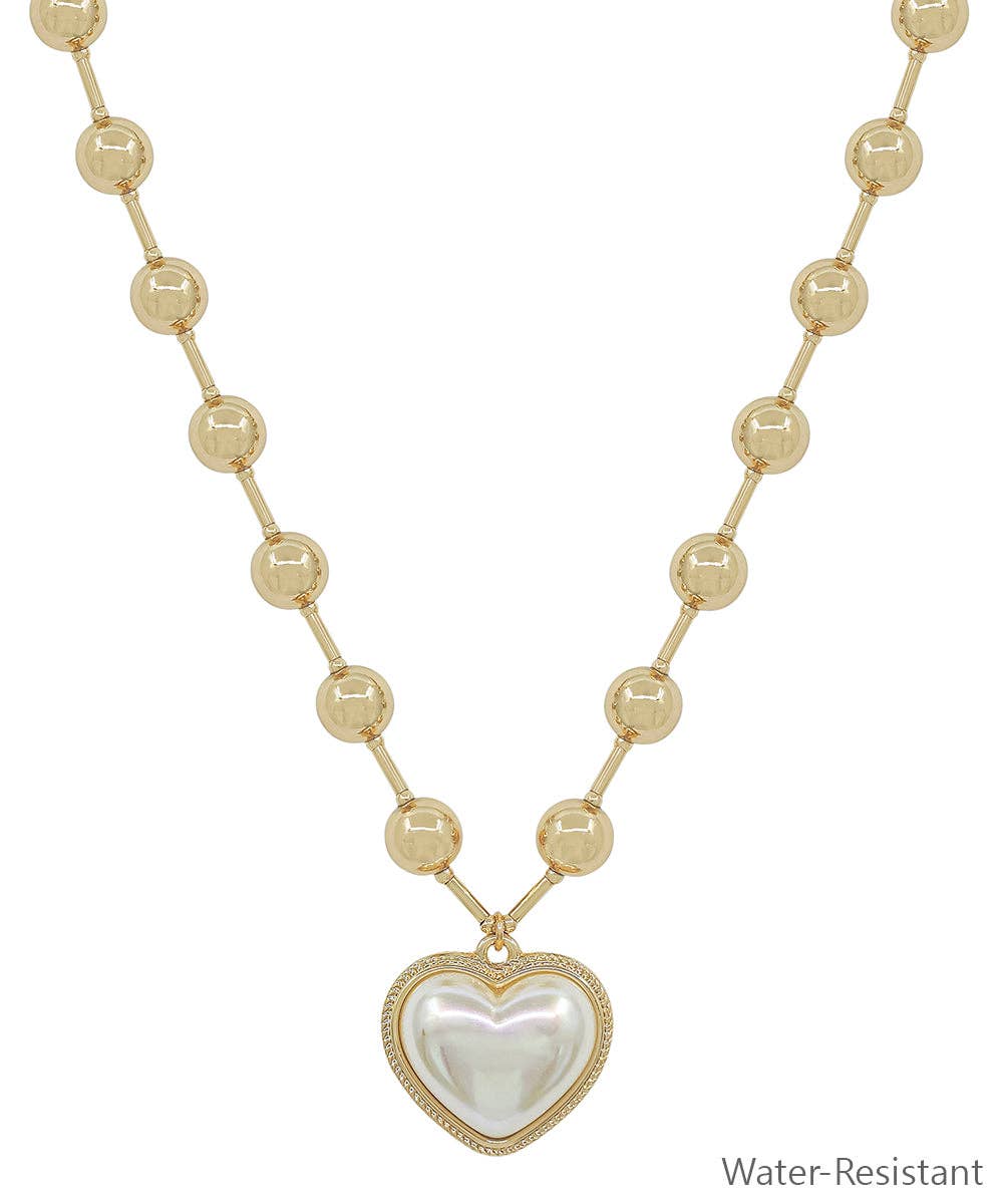 Gold 8MM Beaded Chain with Pearl Puffy Heart 16"-18" Necklace
