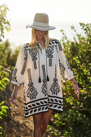 Ivory/Black Printed 3/4 Sleeve Dress with Tassel Tie