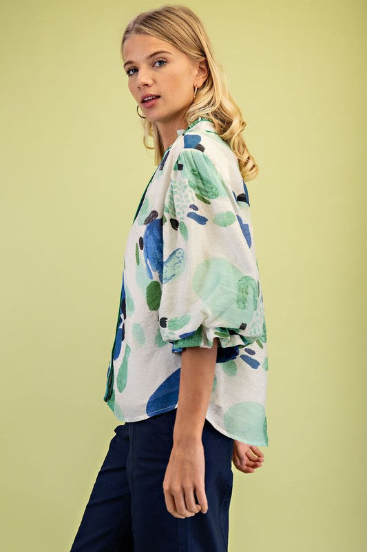 Floral Blue/Green Blouse with Gathered Balloon Sleeves