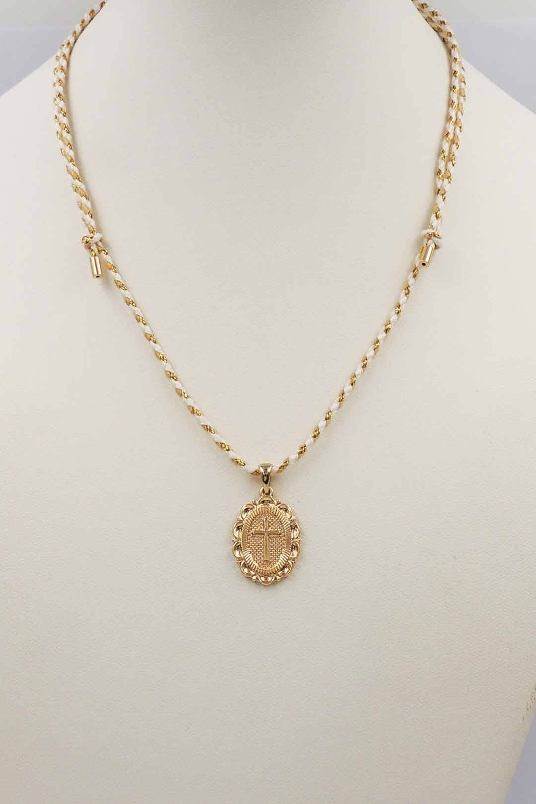 White/Natural Cord with Cross Stamped Oval Charm Necklace
