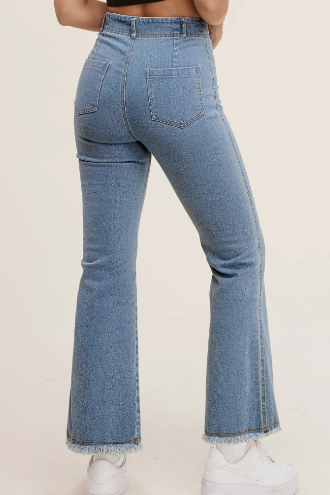 Soft Washed Stretchy High Waisted Flare Pants-Light Denim