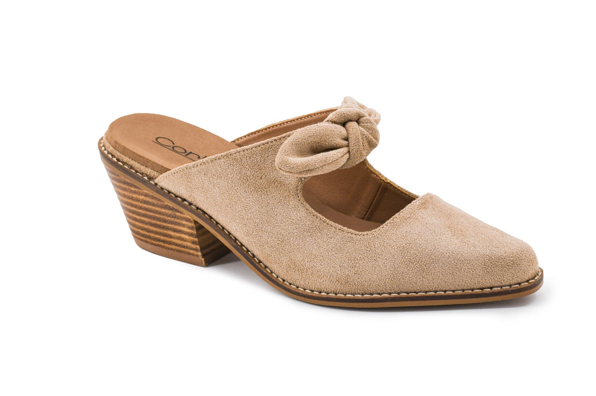 Corkys Oh Bow She Didn't Mule – Camel Faux Suede