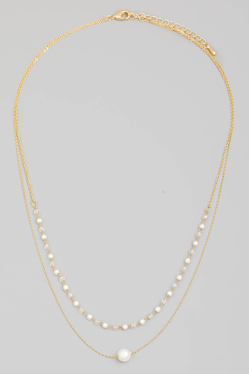 Dainty Layered Chain Pearl Bead Charm Necklace: Gold