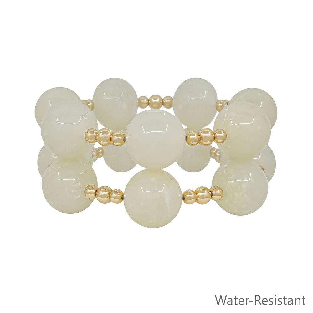 Water Resistant Set of 2 20MM White Beaded Stretch Bracelets