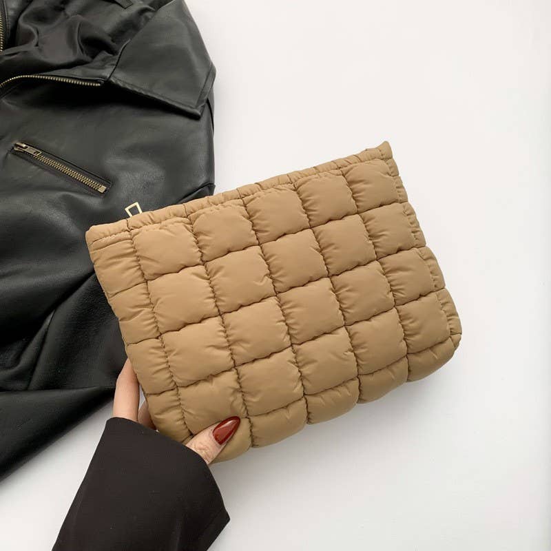 Tan Quilted Puffy Cosmetic Makeup Pouch