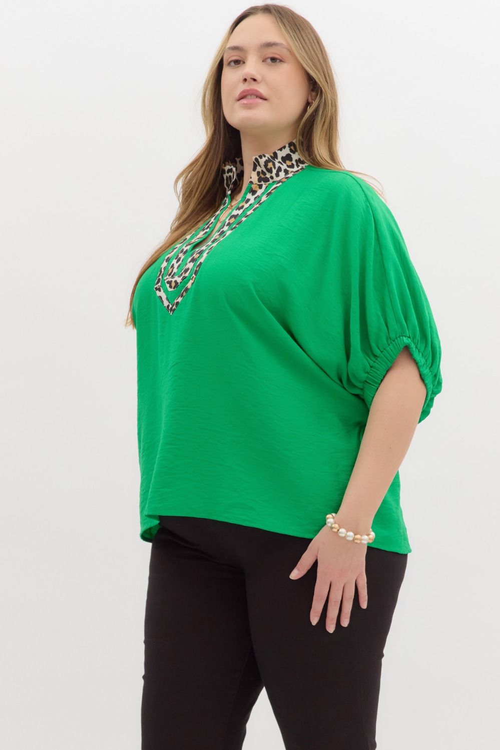 Emerald Safari Split-Neck Top - Curvy