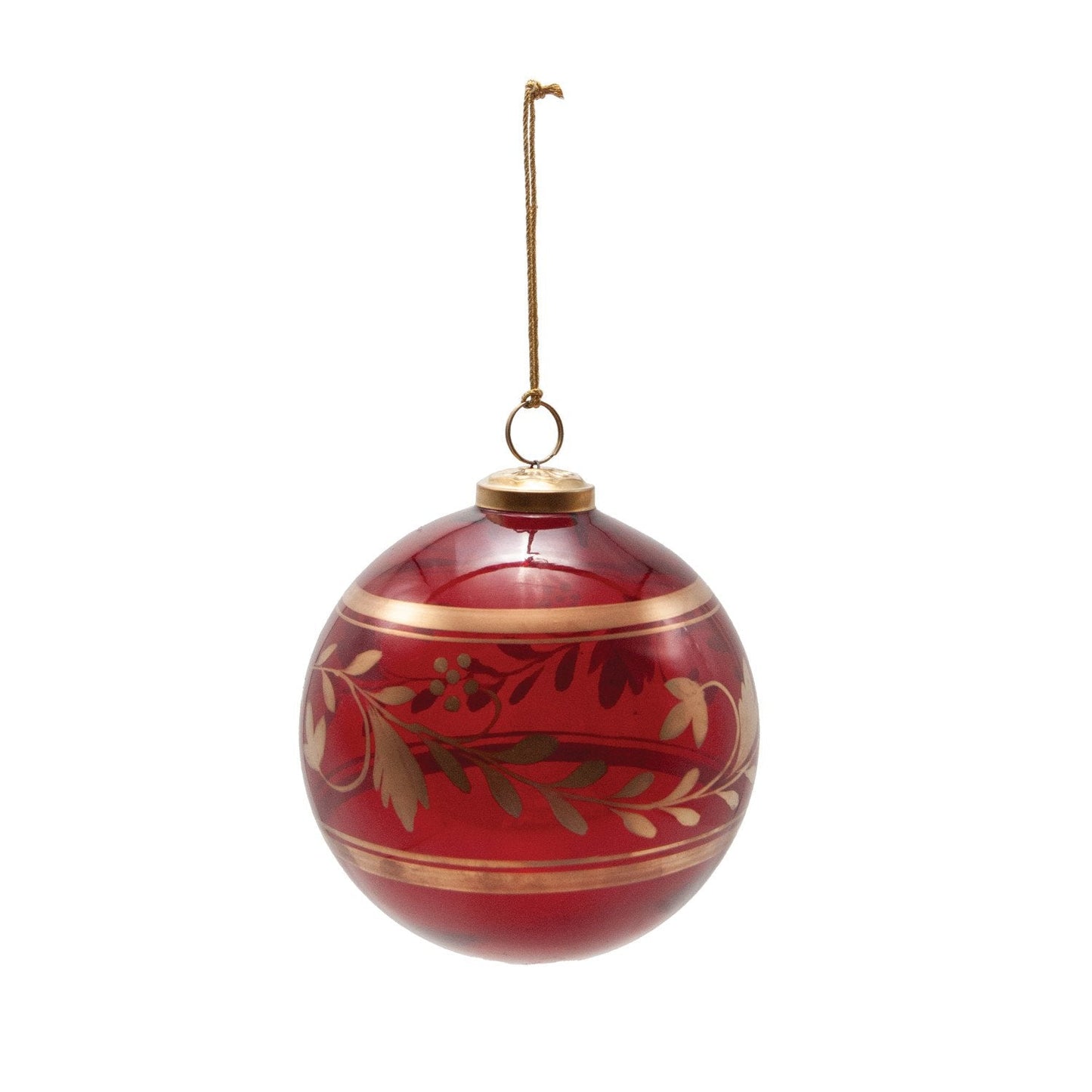 Hand-Painted Glass Ball Ornament with Botanicals | Red & Gold Finish | 5"