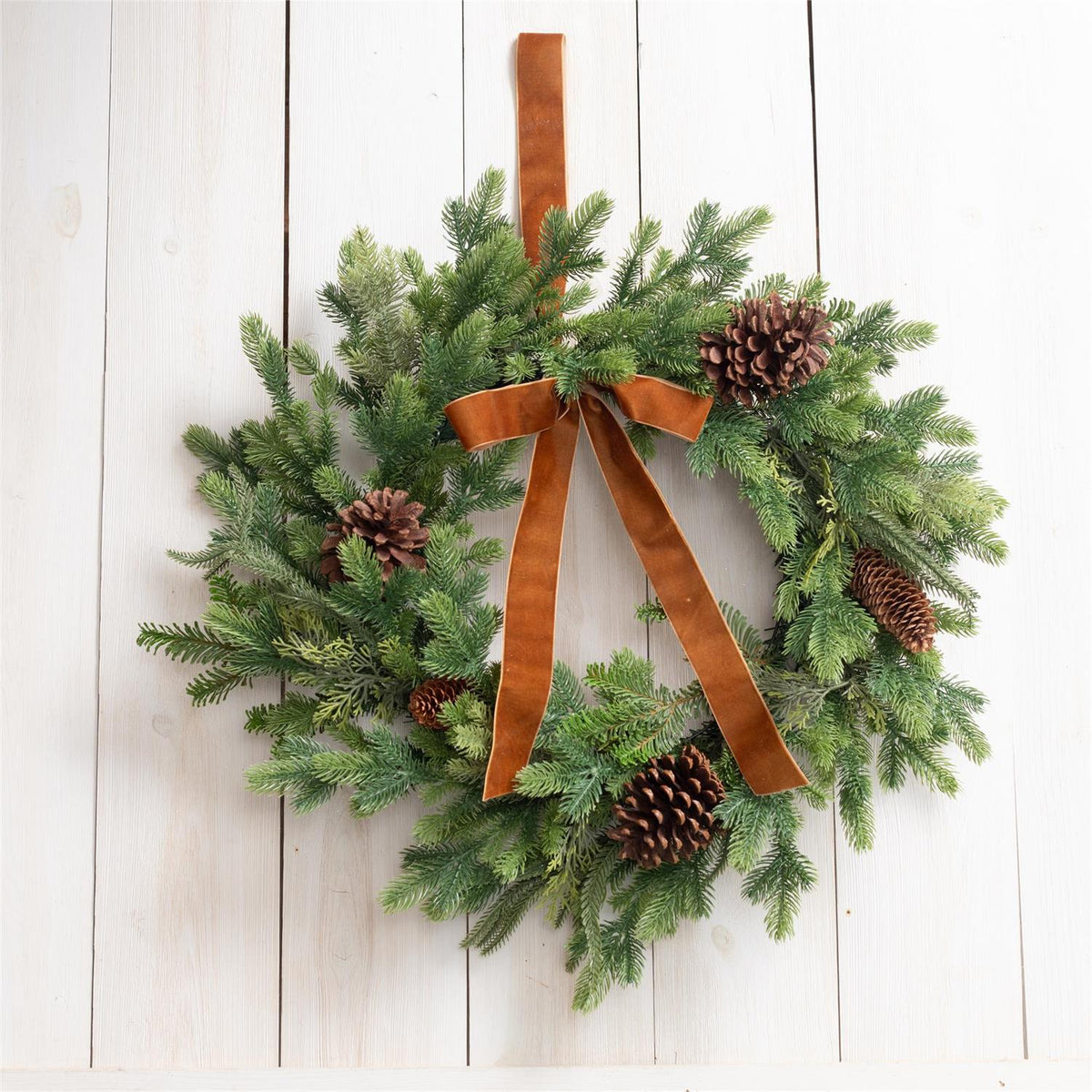 24" Pinecone Wreath-Velvet Brown Bow