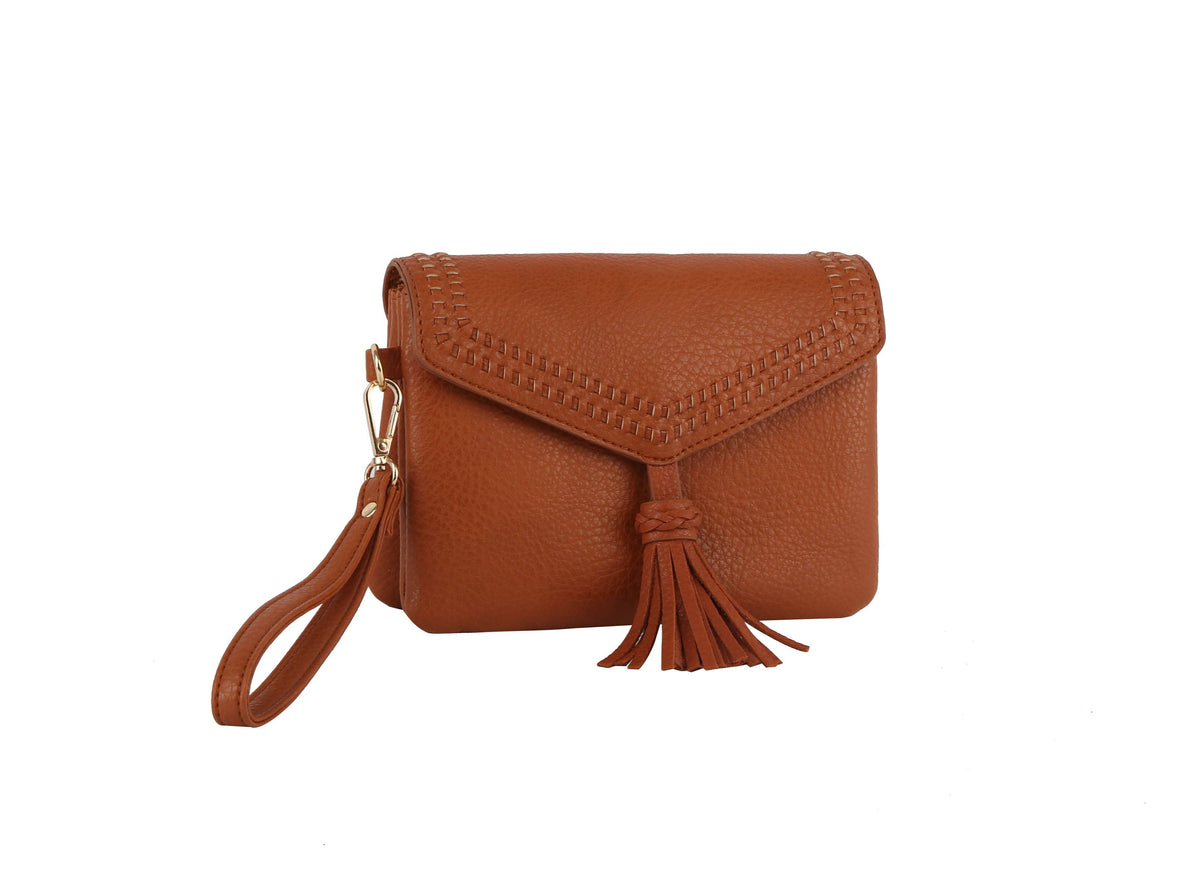 Whipstitching detail tassel front flap crossbody: BLACK