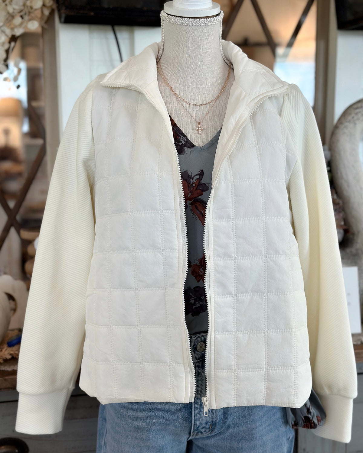 Mixed Textured Zipper Jacket-Ivory