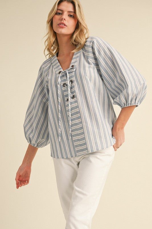 Blue Striped Eyelet Ties Neck Top