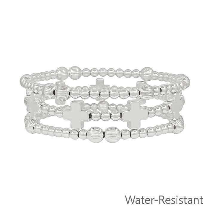 Water Resistant Silver Beaded and Silver Cross Set of 3 Stretch Bracelets
