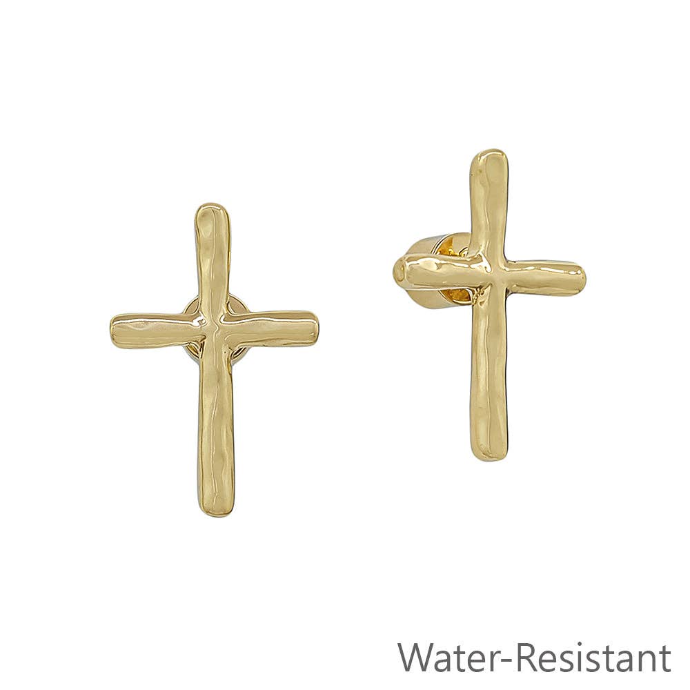 Water Resistant Hammered Gold Stud Cross .5" Earring