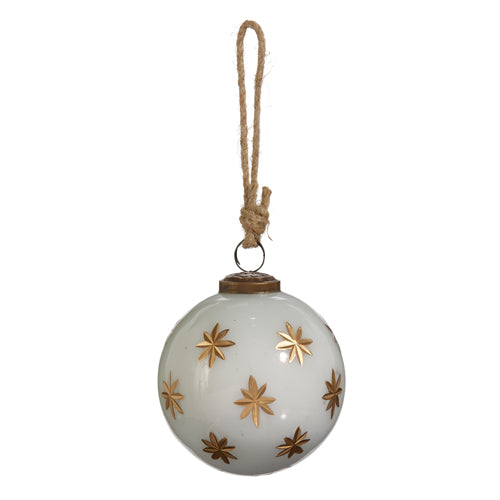 4" Ivory with Gold Star Etched Glass Ball Ornament