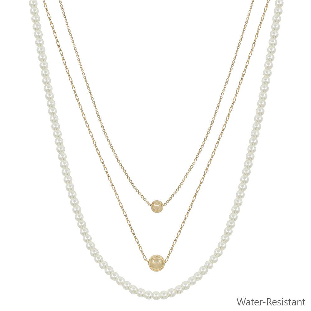 Water Resistant Triple Layered Pearl Beaded and Chain 16"-18" Necklace