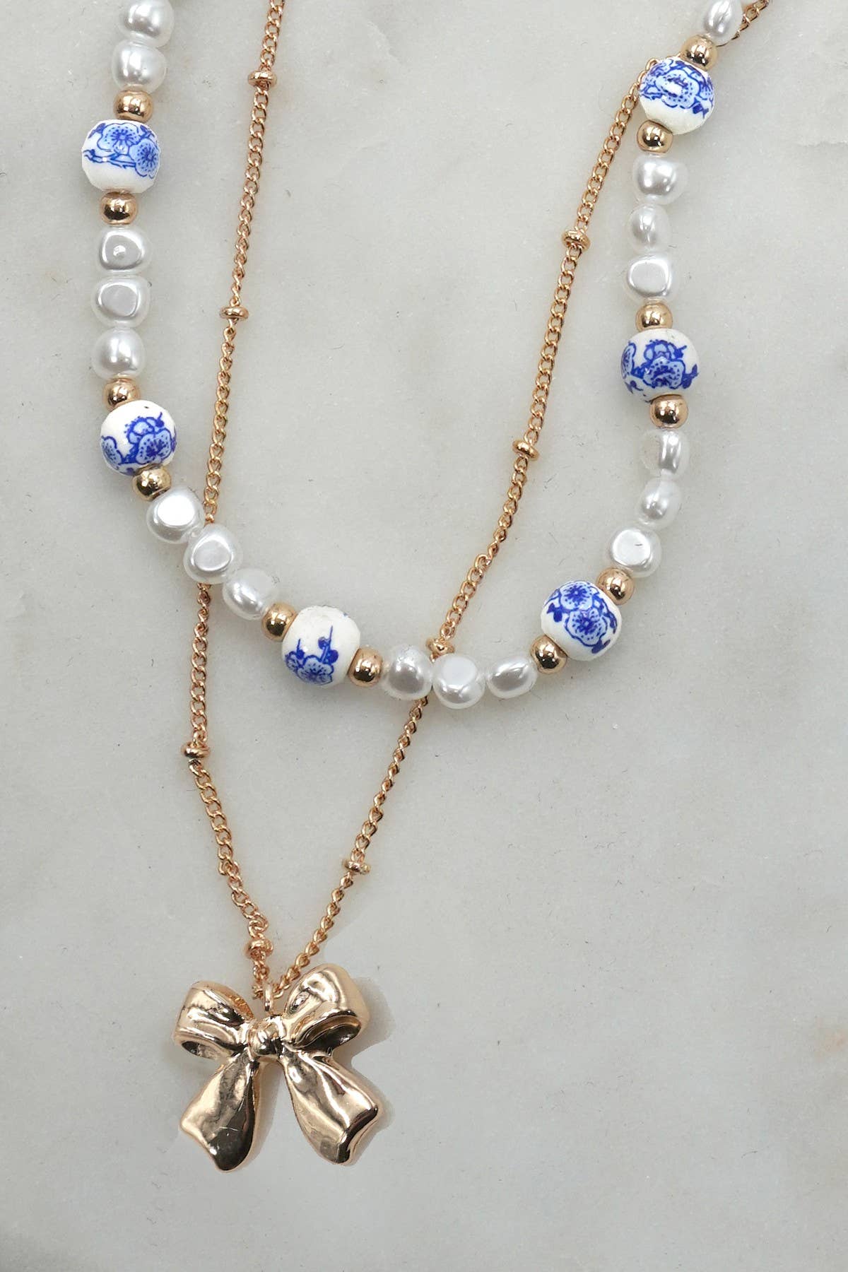 Gold & Blue Ceramic Porcelain Pearl Bow Layer Necklace