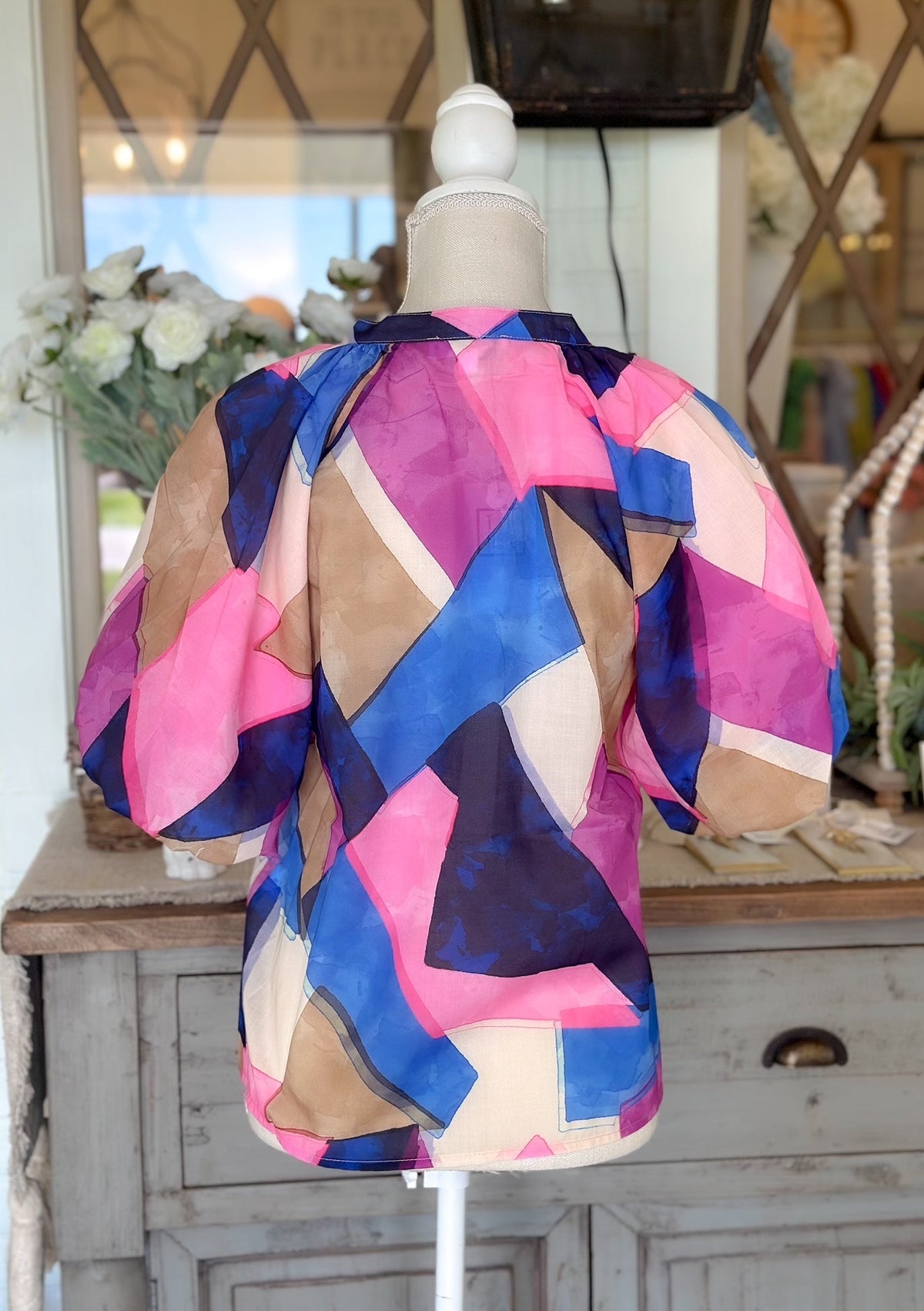Puff Sleeve Button Up Abstract Print Top