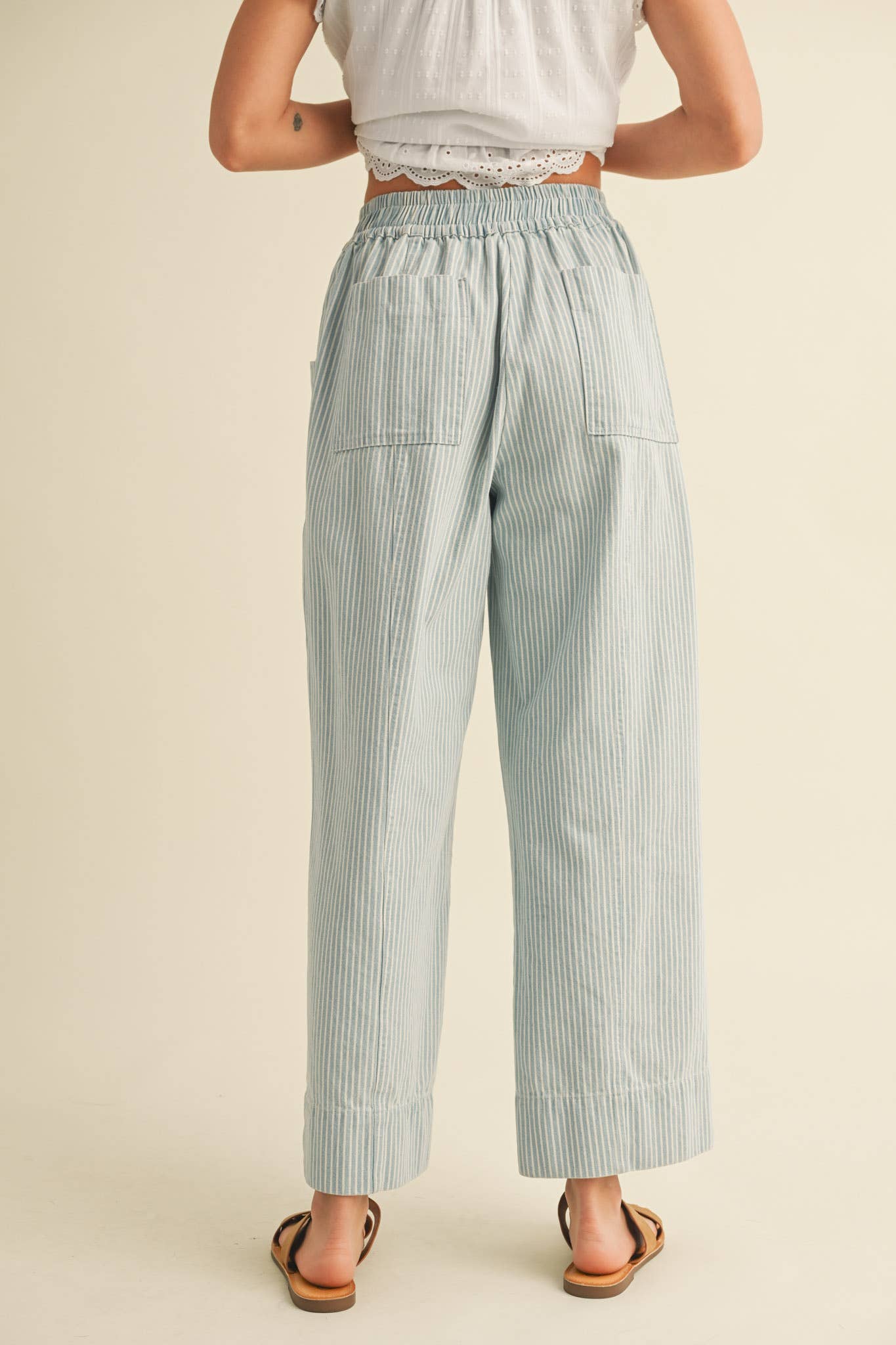 STRIPED WIDE LEG CROPPED PANTS MP3936: Light Blue Stripe, L
