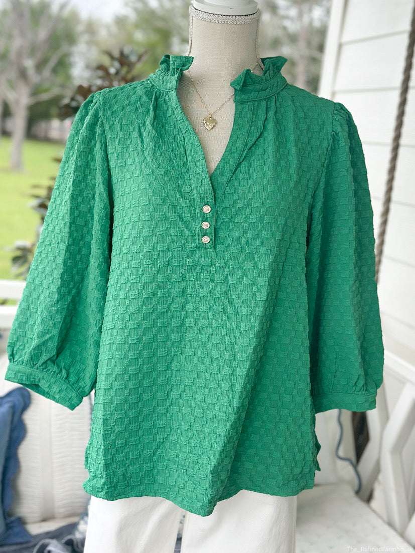 Green Ruffle Top 3/4 sleeves