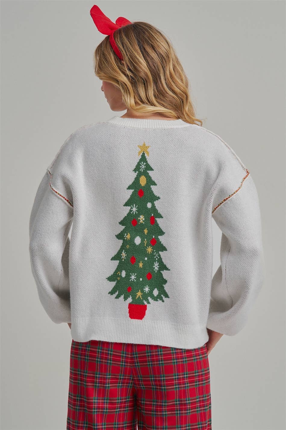 BIG CHRISTMAS TREE HOLIDAY BUTTON DOWN SWEATER CARDIGAN: OFF WHITE, S-M-L(2-2-2)