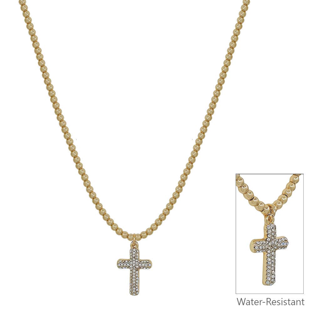 Water Resistant 3MM Gold Beaded with Rhinestone Cross Charm 16"-18" Necklace