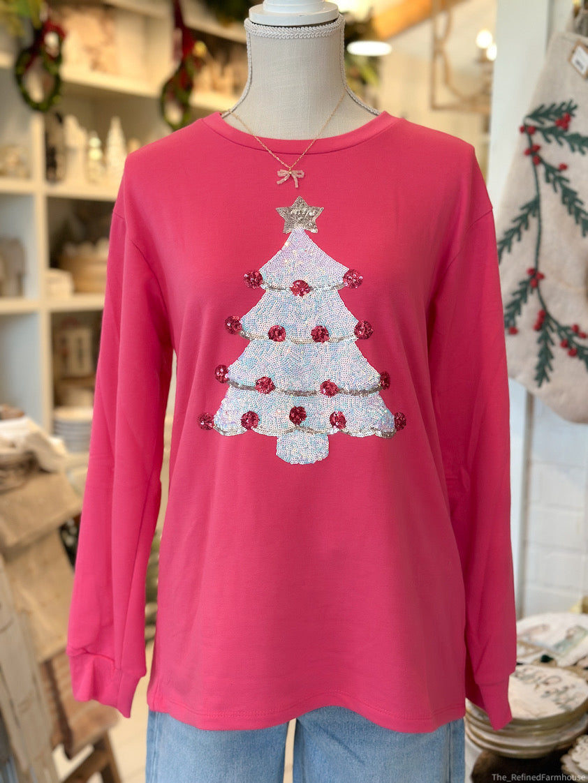 Hot Pink Sequins Christmas Tree Sweatshirt