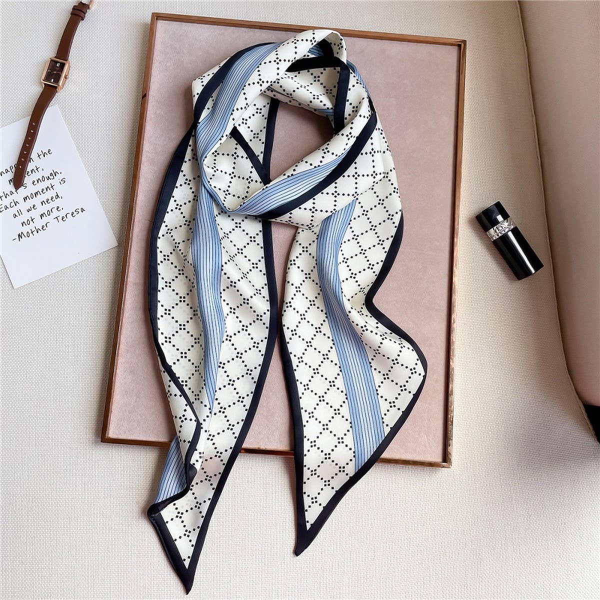 Geometric All-match Narrow Silk Head Scarf | Beige 2