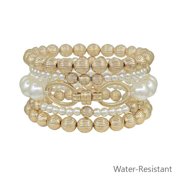 Set of 5 Gold and Pearl Textured Beaded and Chain Stretch Bracelets