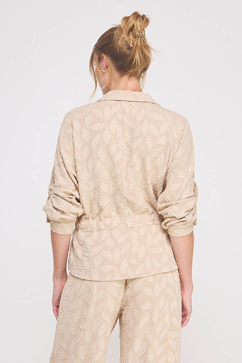 Jacquard utility tie-wait ls blouse: Taupe, L