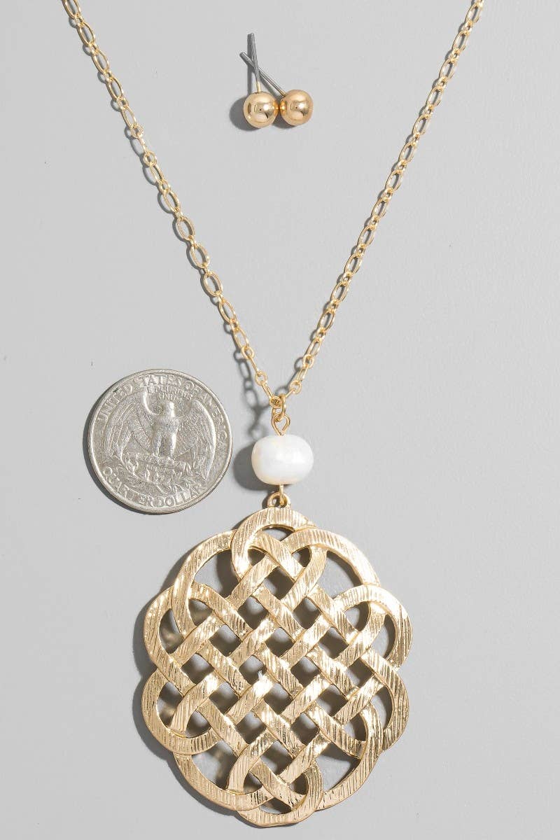 Pearl And Intricate Knot Weave Pendant Long Necklace Set