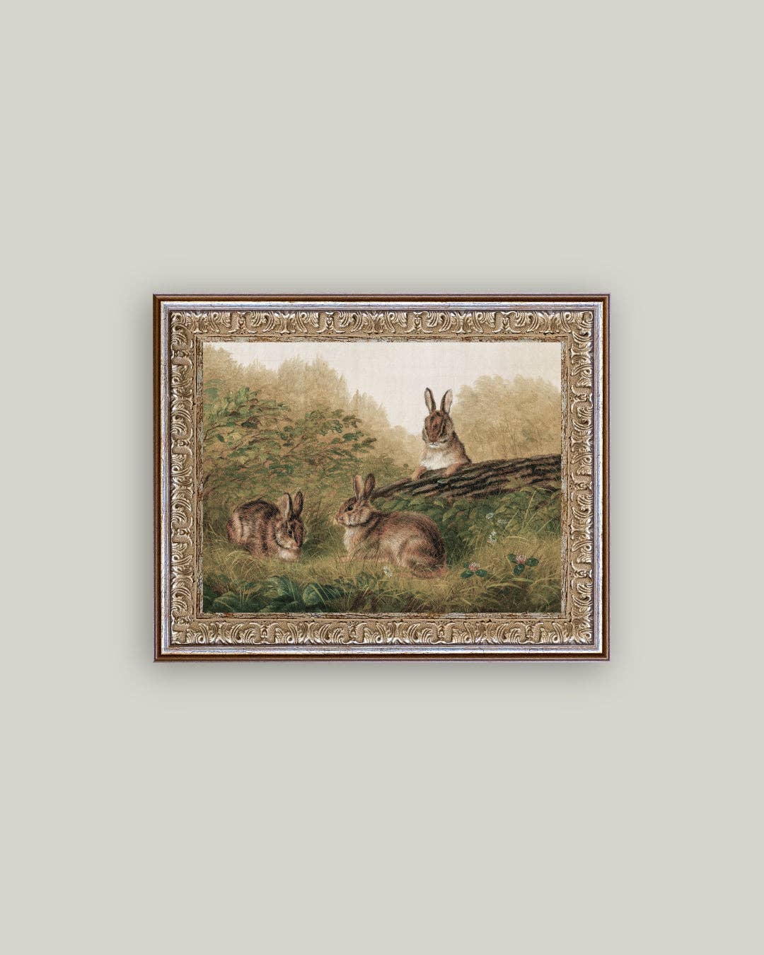 Rabbits on a Log Framed Antique Art: 16x12