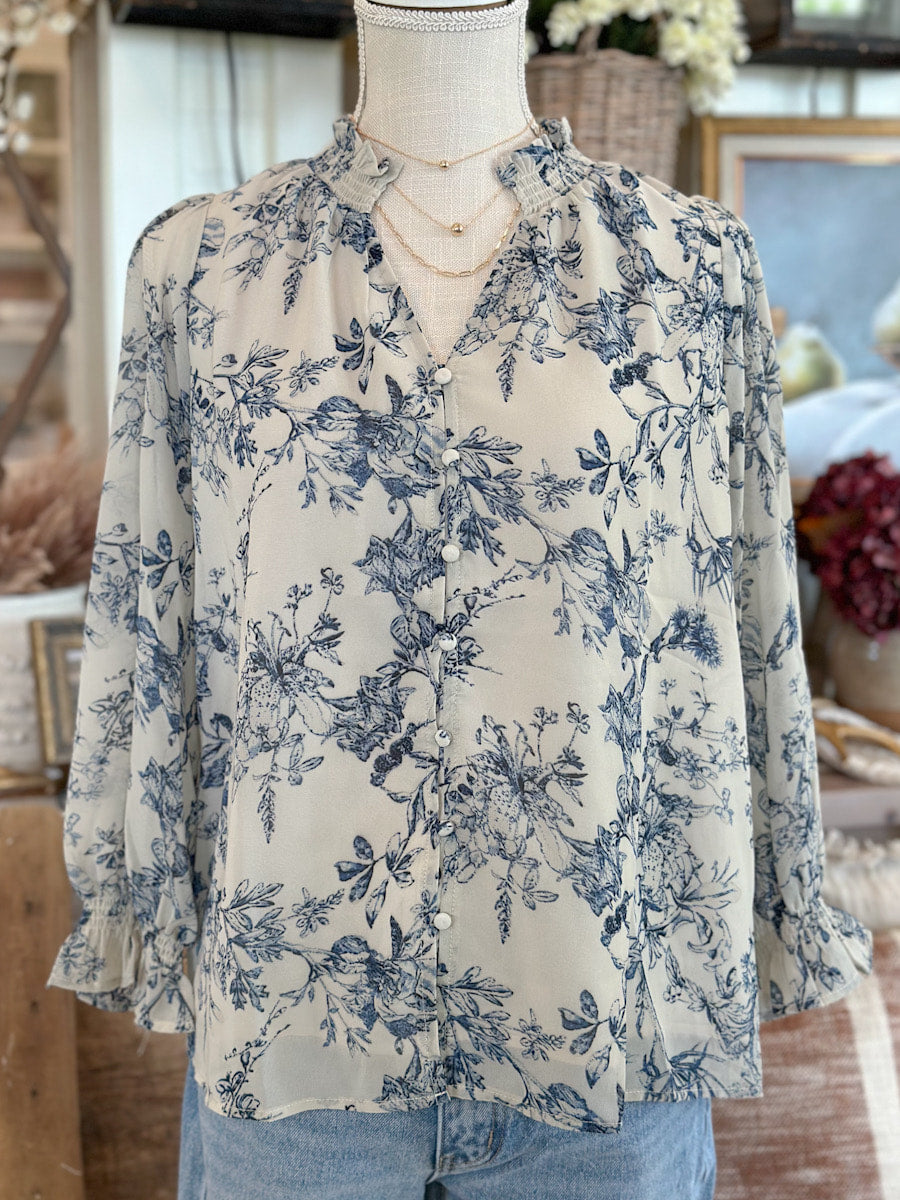 Taupe & Blue Floral Long Sleeve Top