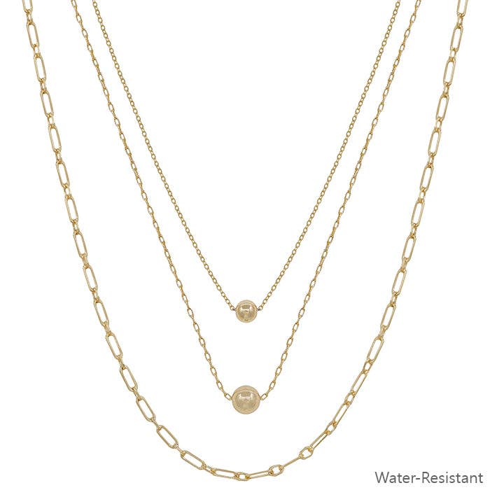 Water Resistant Gold Ball with Chain Triple Layered 16"-18" Necklace