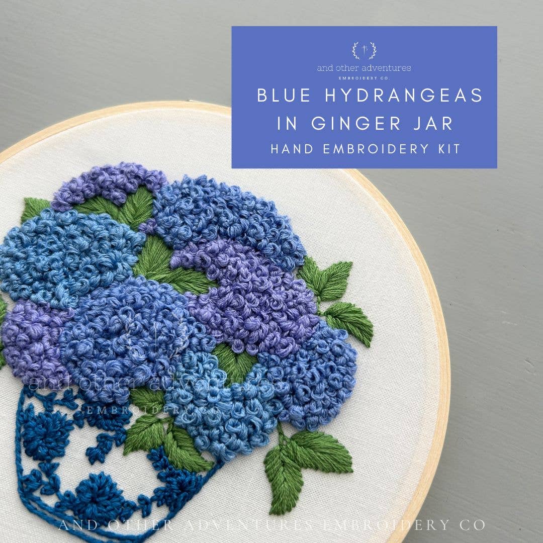Hand Embroidery Kit - Blue Hydrangeas in Ginger Jar