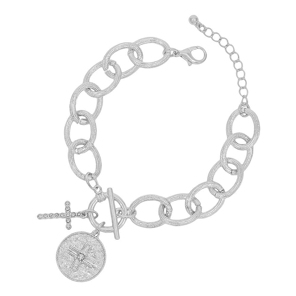 Chunky Silver Chain with Rhinestone and Coin Cross Charms 7.5" Bracelet w/ Extender
