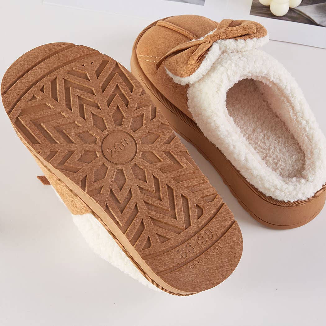 Cozy Faux Fur Lined Bow Indoor Slippers: CAMEL, ONE SIZE