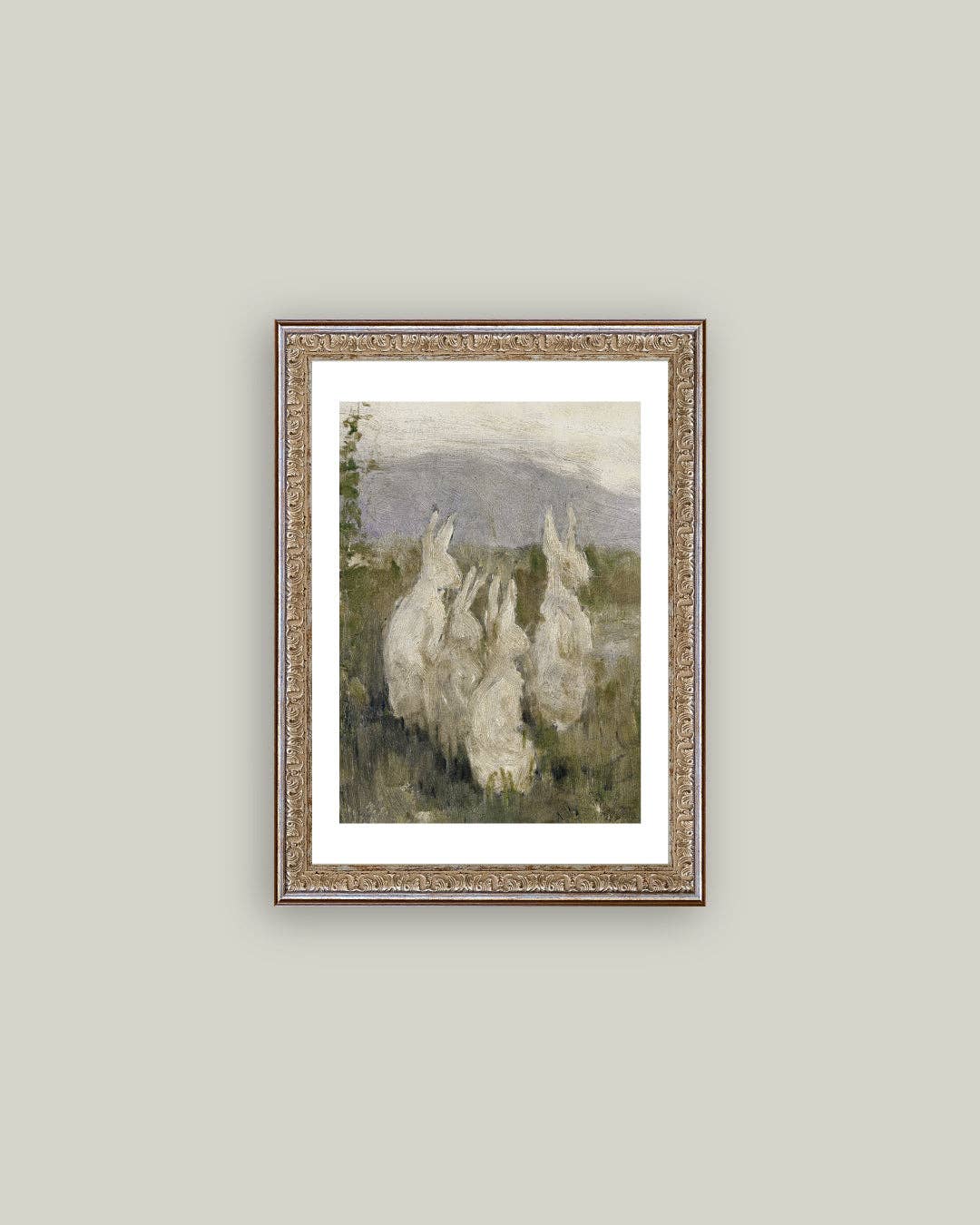 Bunnies in a Field Framed Antique Art: 8x10