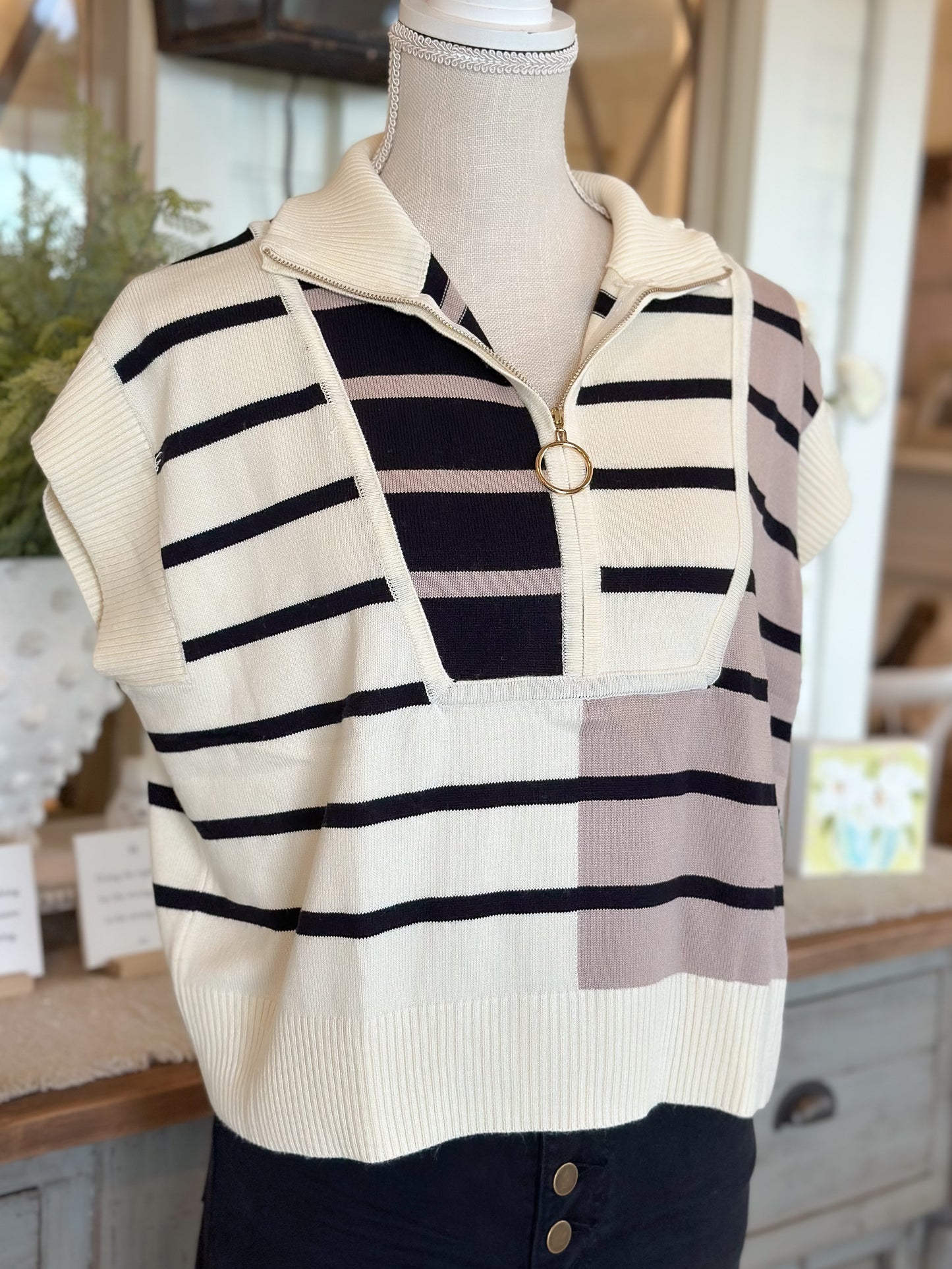 Cream/black multi color block Top