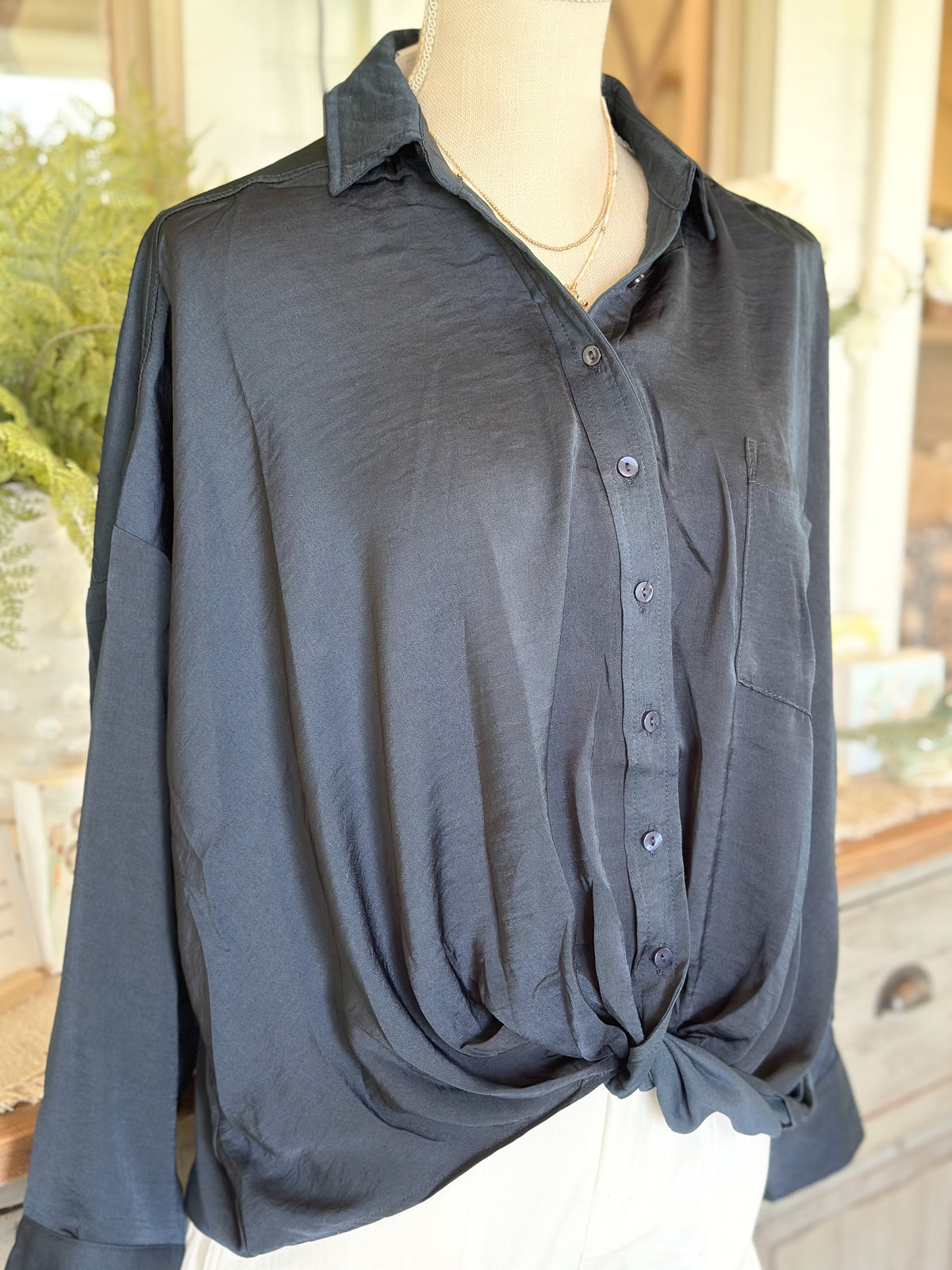 Solid Long Sleeve Blouse - Midnight