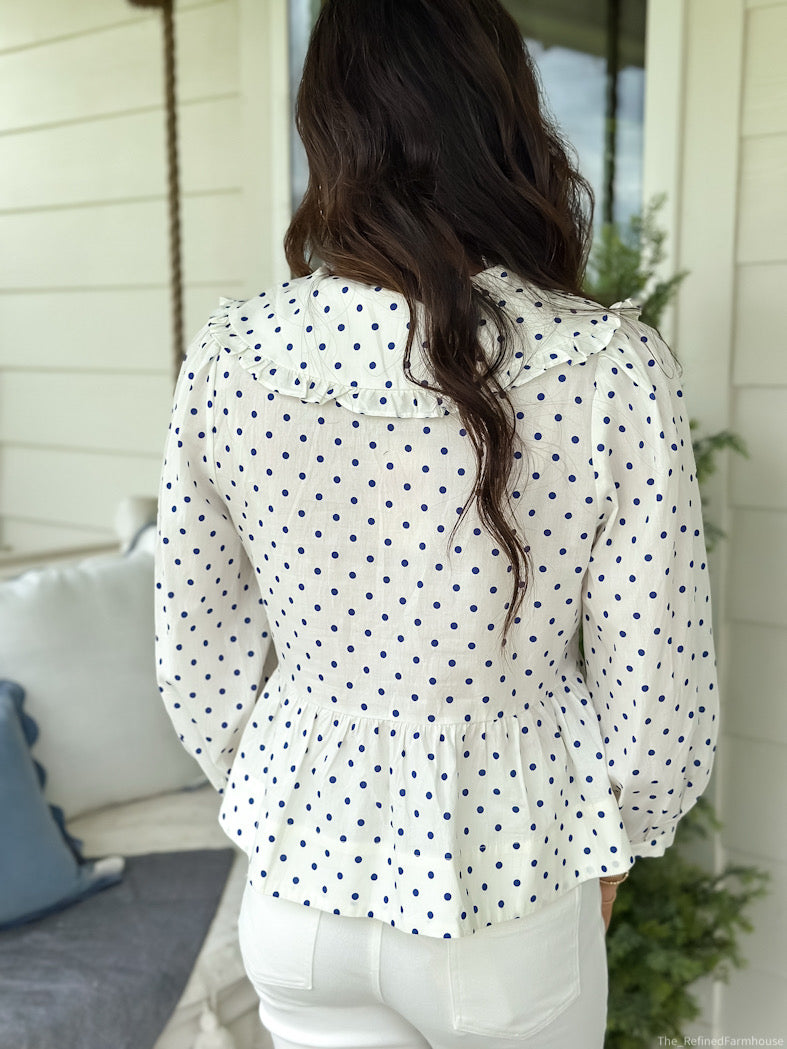 Polka dot loose fit pullover with bow Cream/blue