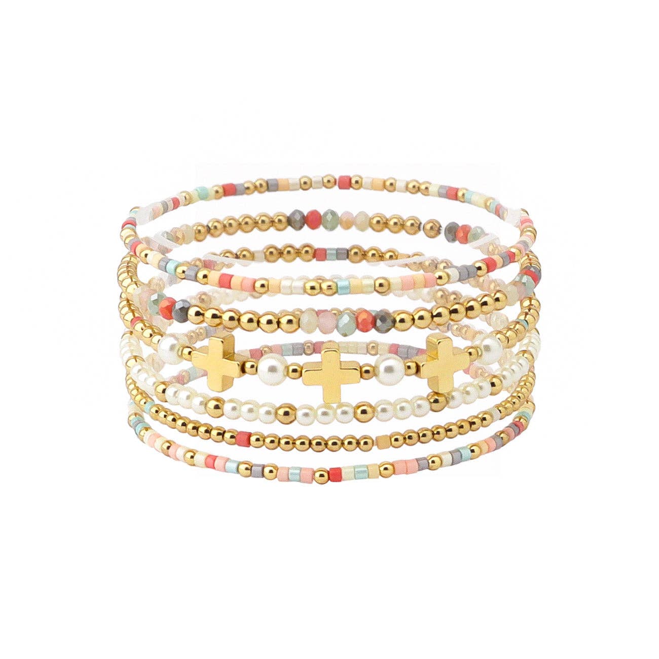 Set of 5 Gold Beaded with Multi Seed Bead and Gold Cross Stretch Bracelets