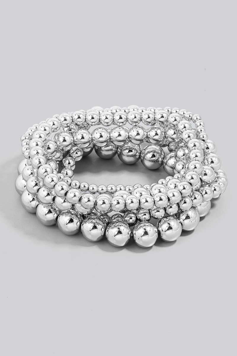 Mixed Sizes Metallic Beaded Bracelet Set: SIL