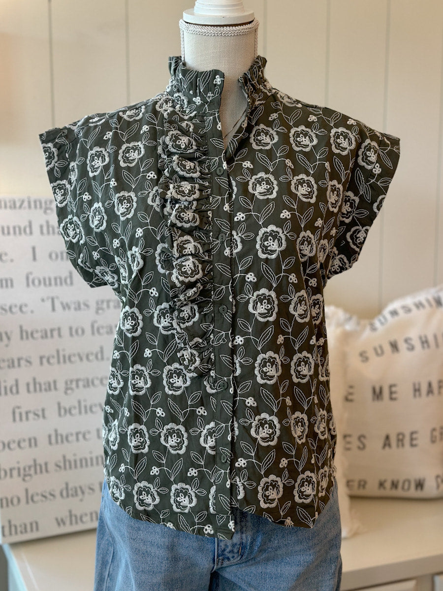 Olive Floral Print Cap Sleeve Top