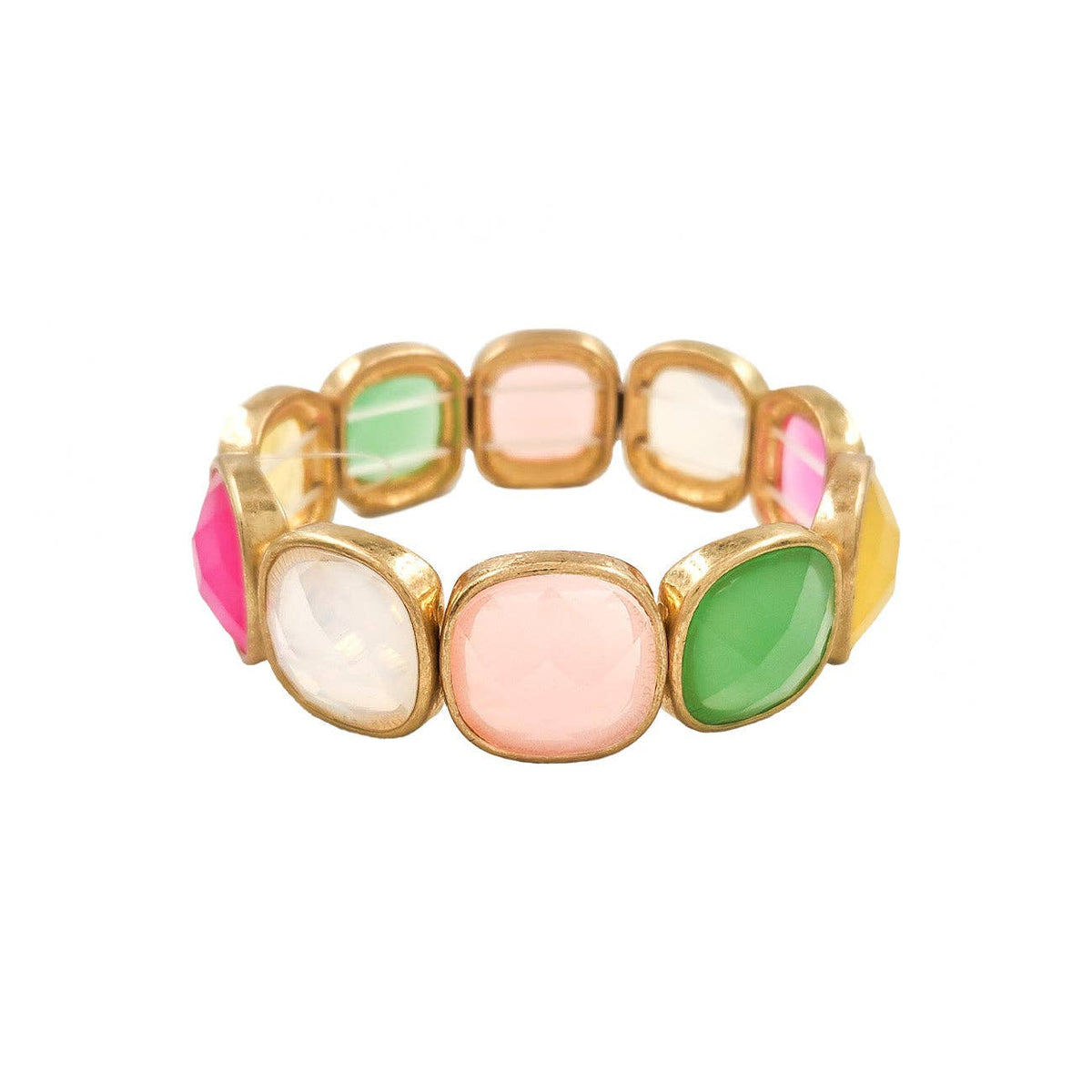 Multi Opal Square Stone and Gold Stretch Bracelet