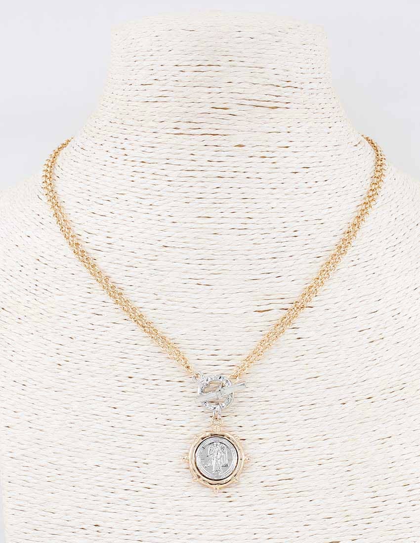 Gold Chain with Toggle and Silver and Gold Coin Charm Necklace 17"