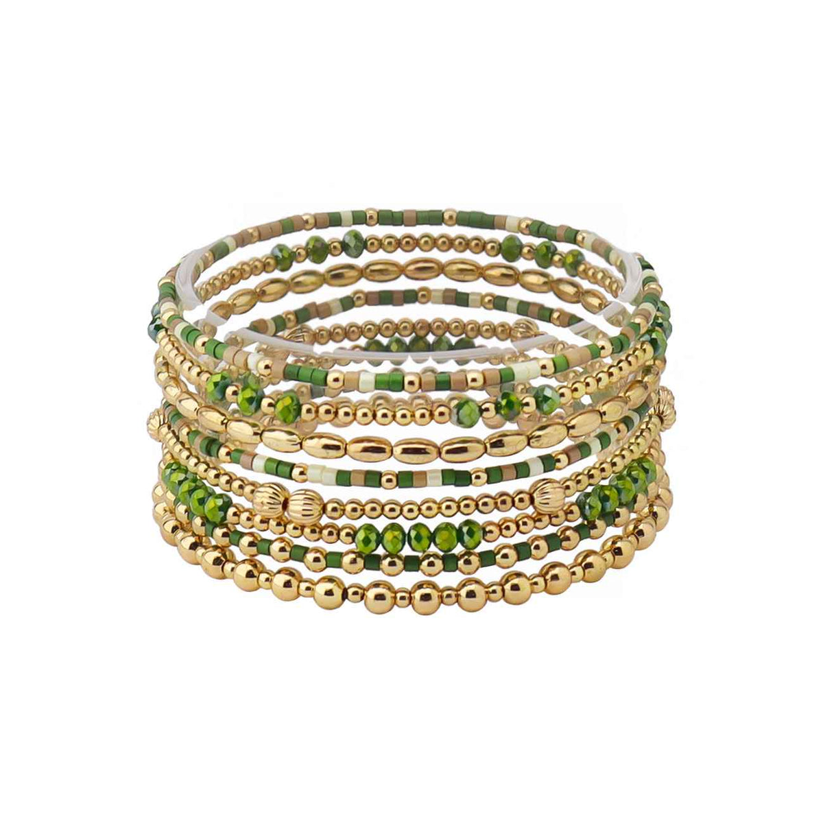 Set of 8 Green Seed Bead & Crystal and Gold Stretch Bracelet