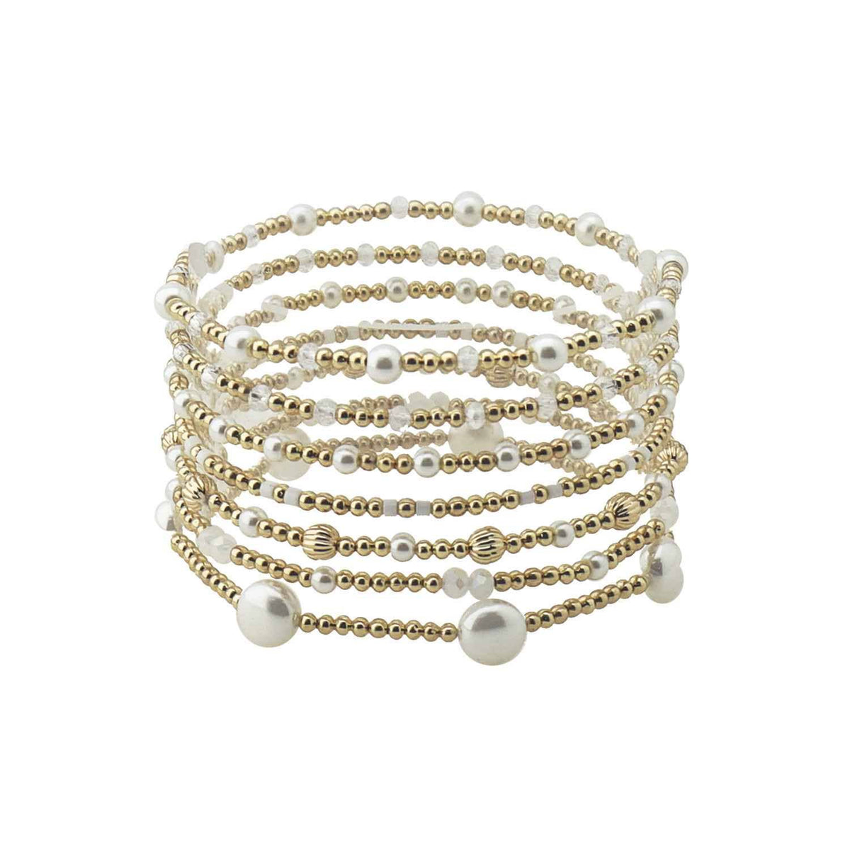 Set of 7 Gold Beaded and Pearl Stretch Bracelets