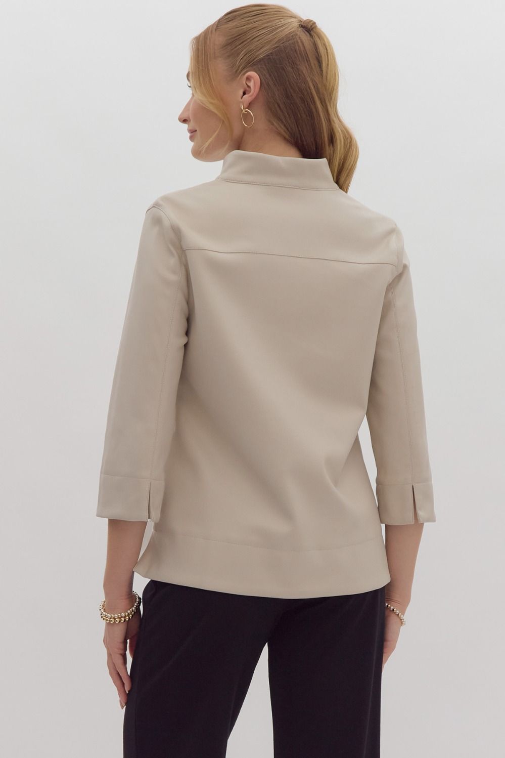 Ecru Faux Leather V-Neck 3/4 Sleeve Top