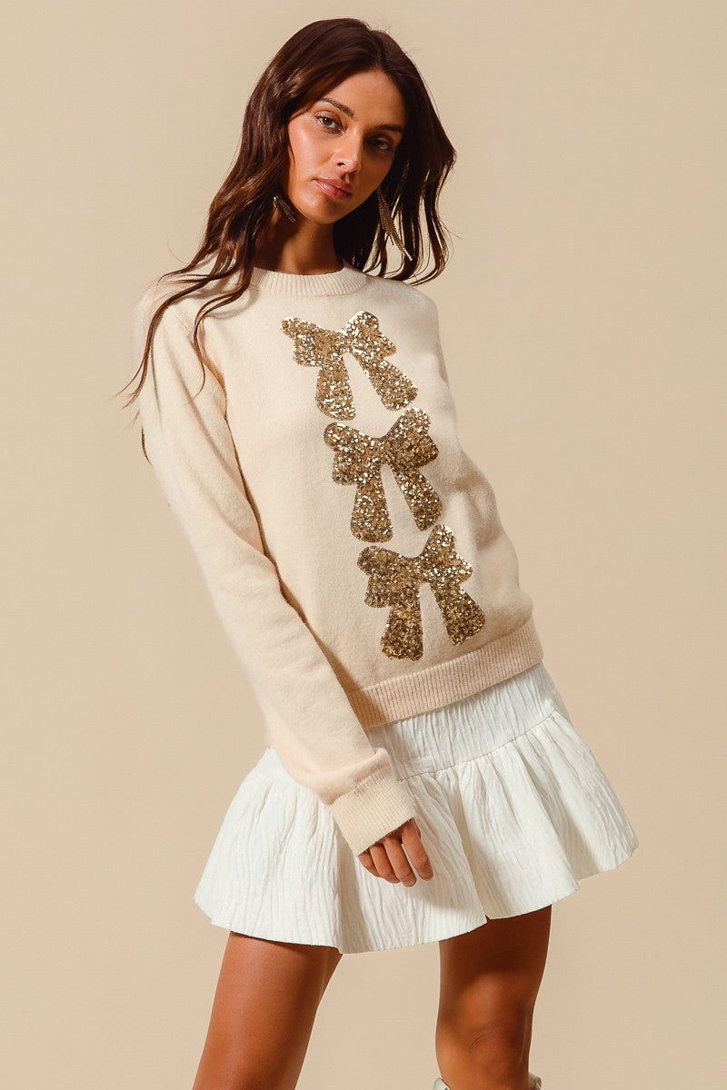 Golden Bow Holiday Sweater | Cream & Gold