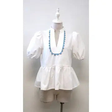 White With Blue Trim V-Neck Puff Sleeve Top